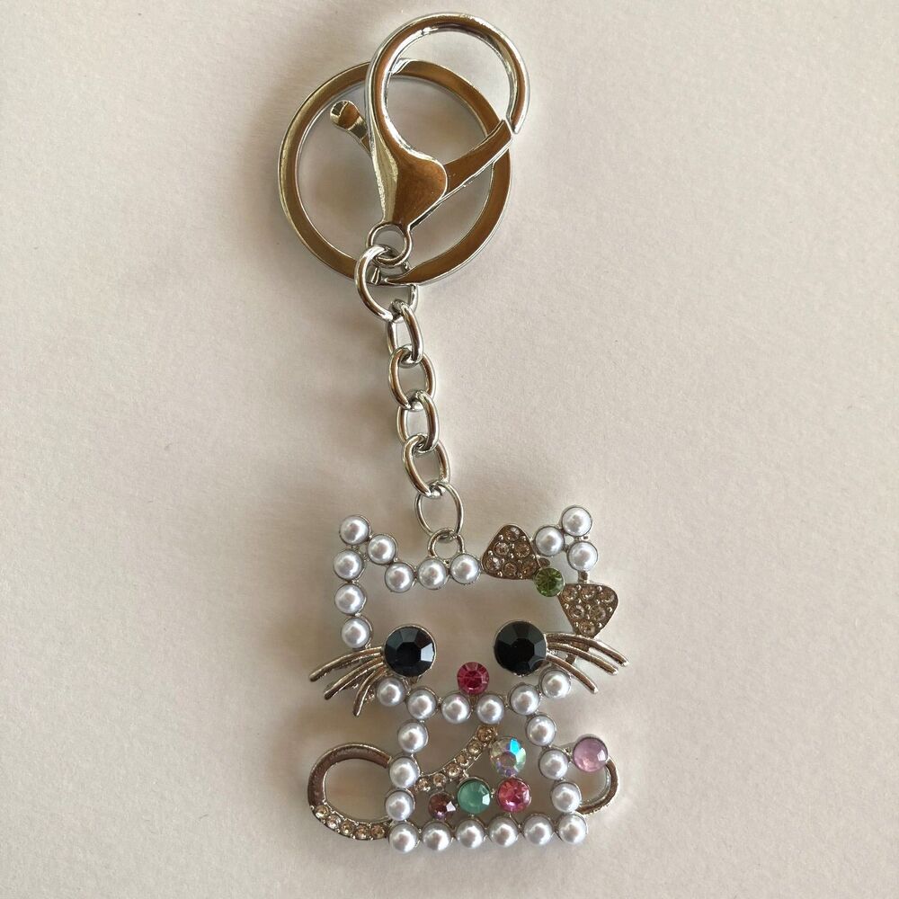 Sparkly Cat Keychain Purse Charm Silver Pearl Rhinestone Kitty Bag Gift